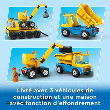 Lego City 60391 camion del sito e la gru ha una palla da demolizione, giocattolo per macchine da costruzione