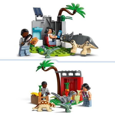 LEGO Jurassic World Centro di salvataggio per cuccioli di dinosauro, giocattolo con personaggi di triceratopo e velociraptor, 76963