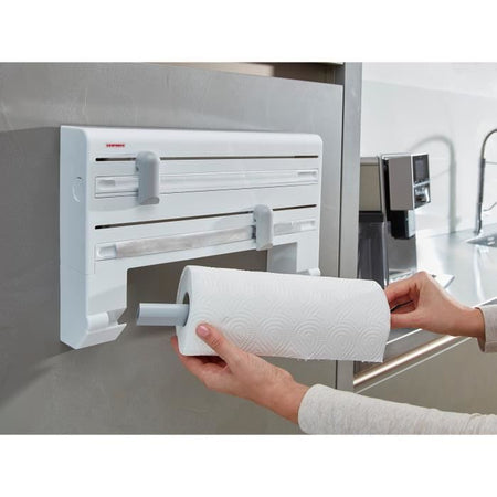 Dispenser da parete Leifheit Parat ComfortLine 25703, dispenser da parete da cucina per 3 rotoli, dispenser di carta con lame affilate