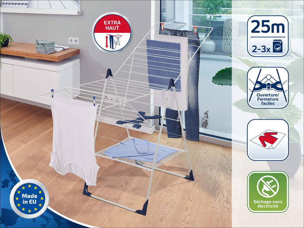 Stendibiancheria da libera installazione - LEIFHEIT - Classic 250 Flex - 81409 - Apertura/chiusura facile - Rete per bucato - 25 m - Bianco