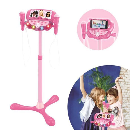 Microfono Barbie su supporto luminoso regolabile con altoparlante, 2 microfoni ed effetti vocali, altoparlante Bluetooth
