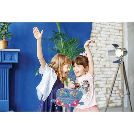 Microfono Stitch su supporto regolabile illuminato con altoparlante, 2 microfoni ed effetti vocali, altoparlante Bluetooth