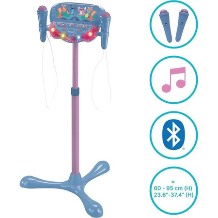 Microfono Stitch su supporto regolabile illuminato con altoparlante, 2 microfoni ed effetti vocali, altoparlante Bluetooth