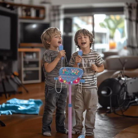 Microfono Stitch su supporto regolabile illuminato con altoparlante, 2 microfoni ed effetti vocali, altoparlante Bluetooth