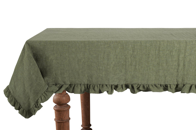 Tovaglia da tavola in 100% puro lino lavato delavè stone washed morbido resistente elegante made in italy  Oliva con Frou Frou