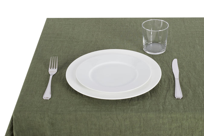 Tovaglia da tavola in 100% puro lino lavato delavè stone washed morbido resistente elegante made in italy  Oliva con Frou Frou