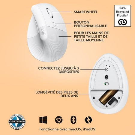 Logitech Lift Mouse Wireless Verticale Ergonomico, Ricevitore USB Bluetooth o Logi Bolt, Silenzioso - Off-White