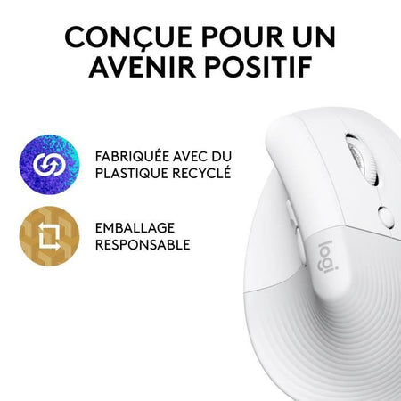 Logitech Lift Mouse Wireless Verticale Ergonomico, Ricevitore USB Bluetooth o Logi Bolt, Silenzioso - Off-White