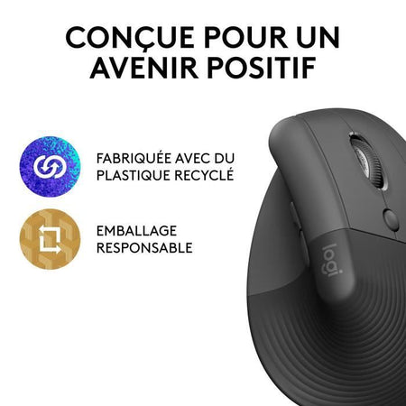 Logitech Lift Mouse Wireless Verticale Ergonomico, Ricevitore USB Bluetooth o Logi Bolt, Silenzioso - Grafite