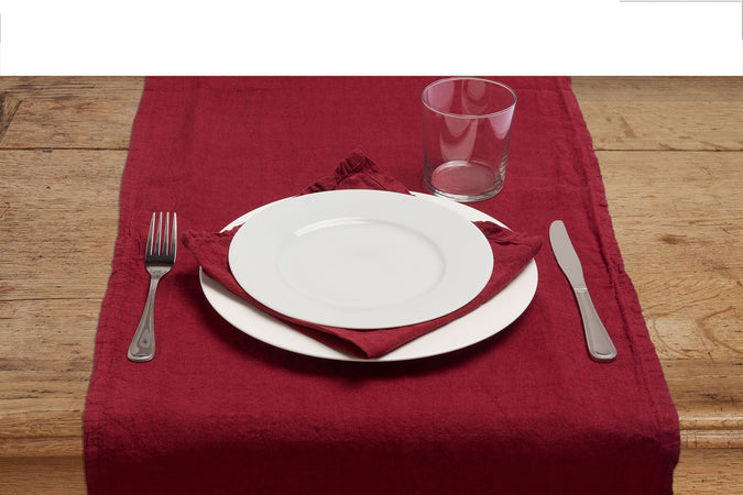 Runner da tavola in 100% puro lino lavato delavè stone washed morbido resistente elegante made in italy BORDEAUX - Vanita di raso