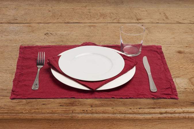 Set di 2 tovagliette americane coppia tovagliette 35 X 50 CM in 100% puro lino lavato delavè stone washed morbido resistente elegante made in italy  BORDEAUX - Vanita di raso