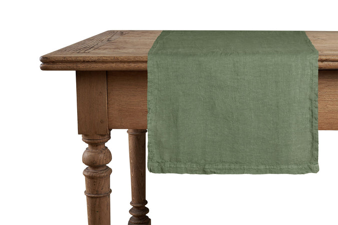 Runner da tavola in 100% puro lino lavato delavè stone washed morbido resistente elegante made in italy VERDE OLIVA - Vanita di raso