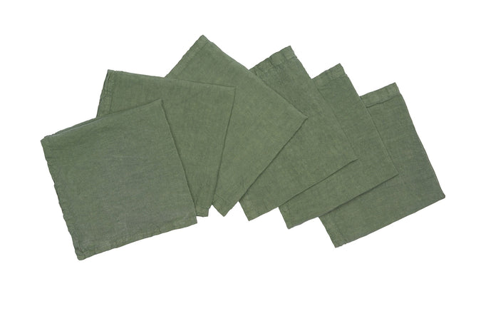 Set di 6 tovaglioli da tavola 45 X 45 CM in 100% puro lino lavato delavè stone washed morbido resistente elegante made in italy VERDE OLIVA