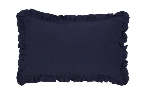 Federa in puro lino stonewashed Blu Notte con Frou Frou