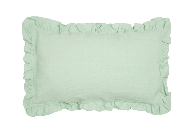Federa in puro lino stonewashed Verde Delicato con Frou Frou
