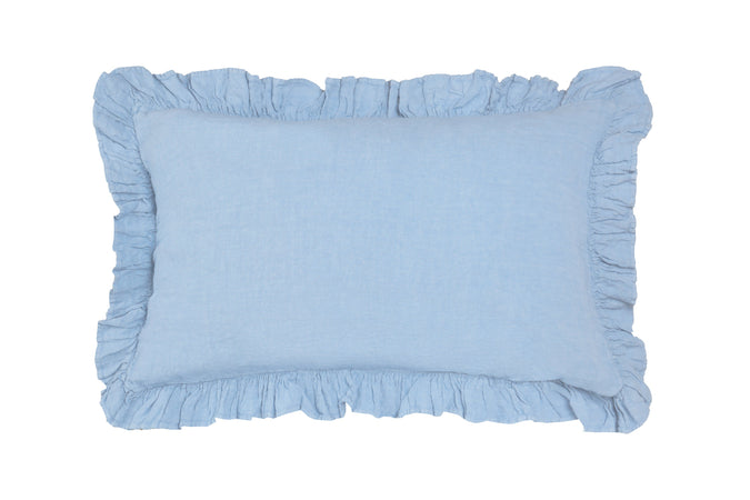 Federa in puro lino stonewashed Azzurro con Frou Frou