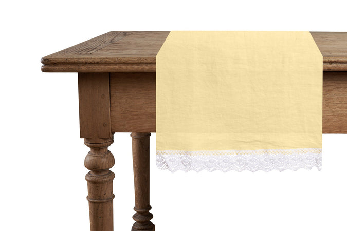 Runner da tavola in 100% puro lino lavato delavè stone washed morbido resistente elegante made in italy Giallino con Pizzo