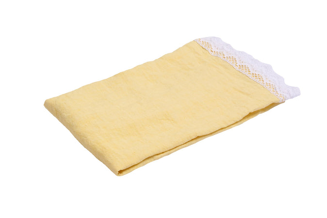 Runner da tavola in 100% puro lino lavato delavè stone washed morbido resistente elegante made in italy Giallino con Pizzo