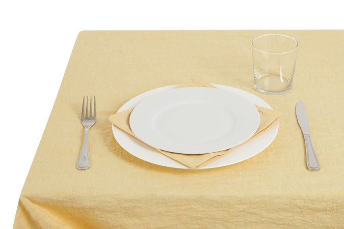 Tovaglia da tavola in 100% puro lino lavato delavè stone washed morbido resistente elegante made in italy Giallino con Dettagli in Pizzo