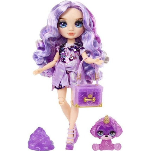 Bambola arcobaleno di alta moda con kit di slime e animale domestico - Viola (Viola) - Bambola glitterata da 28 cm con kit di slime
