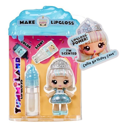 Yummiland - 1 bambola da 10 cm e un lucidalabbra glitterato da creare - Callie - Gusto torta di compleanno - Dai 4 anni in su