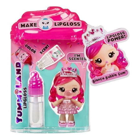 Yummiland - 1 bambola da 10 cm e un lucidalabbra glitterato da creare - Bianca - Gusto Chewing Gum - Dai 4 anni in su