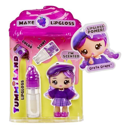 Yummiland - 1 bambola da 10 cm e un lucidalabbra glitterato da creare - Greta - Gusto uvetta - Dai 4 anni in su