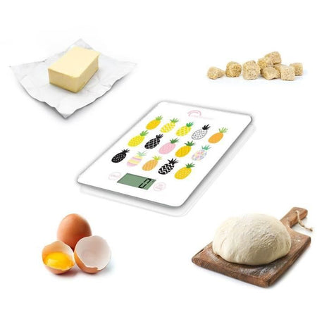 LITTLE BALANCE 8341 Bilancia da cucina elettronica sottile - 5 kg / 1 g - Piano in vetro temperato - Extra piatto - BD Ananas