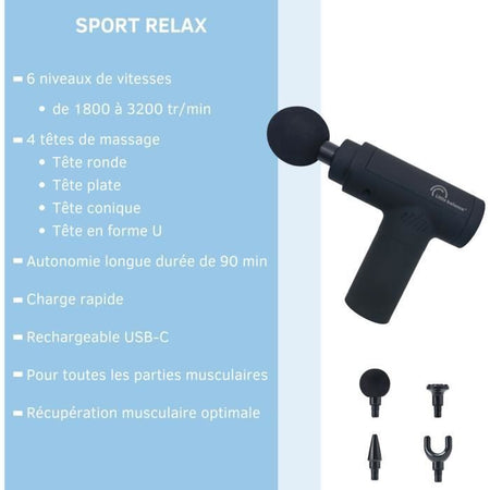 Pistola massaggiante - LITTLE BALANCE - Sport Relax - 6 velocità - 4 testine - Nero