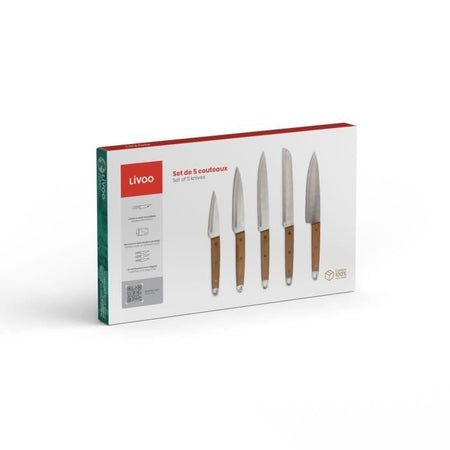 Set di 5 coltelli - LIVOO - MEC129 - Coltelli: chef, pane, cucina, affettare e sbucciare - Acciaio inossidabile - Manico in faggio
