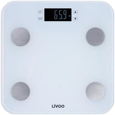 LIVOO DOM427W - Bilancia pesapersone - 13 memorie utente - 180 kg - Vassoio display LCD in vetro temperato - Bianco