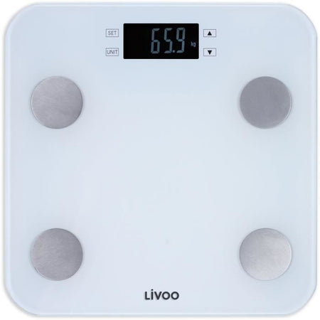 LIVOO DOM427W - Bilancia pesapersone - 13 memorie utente - 180 kg - Vassoio display LCD in vetro temperato - Bianco