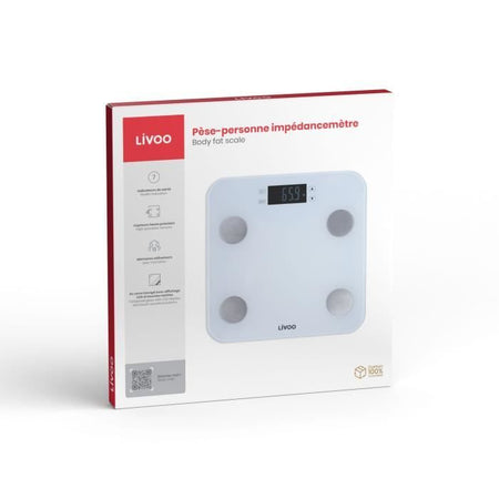 LIVOO DOM427W - Bilancia pesapersone - 13 memorie utente - 180 kg - Vassoio display LCD in vetro temperato - Bianco