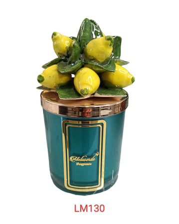 Candela artigianale Melaverde in porcellana con decorazione limoni verdi, bomboniera elegante con scatola