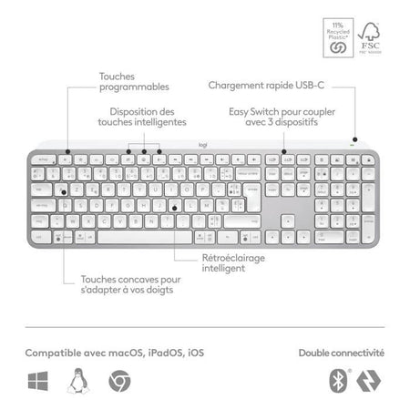 Tastiera Wireless - LOGITECH - MX Keys S - Bluetooth - Retroilluminata - Tasti silenziosi - Grigio chiaro