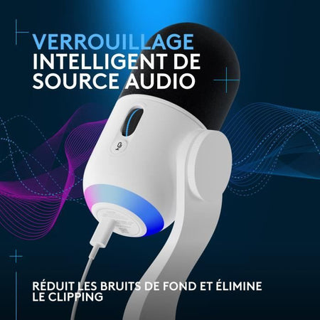 Un micrófono para juegos RGB premium con tecnología LIGHTSYNC, que cuenta con una cápsula dinámica personalizada y software avanzado, cápsula de rango medio