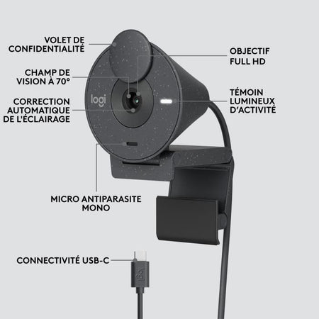 Webcam Full HD Full HD Logitech Brio 300 con riservatezza, riduzione del rumore micro, USB -C - grafite