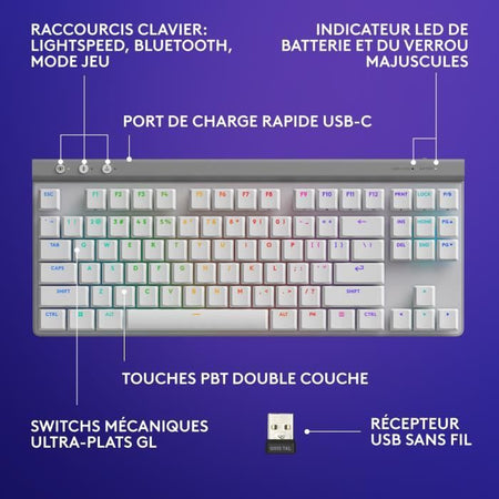 Tastiera da gioco - Wireless - Logitech G - G515 TKL Lightspeed - Tattile meccanica - RGB - AZERTY - Bianca