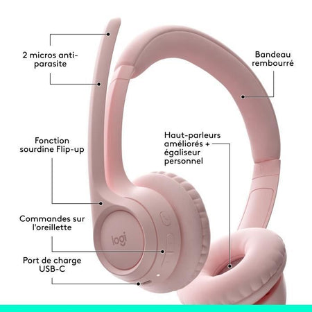 Cuffie per PC wireless Bluetooth Logitech Zone 300 con microfono con cancellazione del rumore - rosa