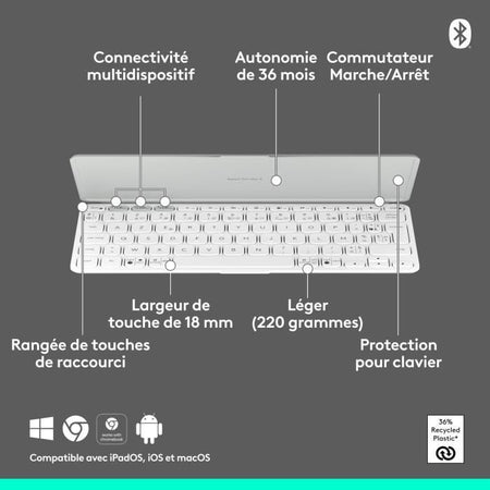 Tastiera portatile - Wireless - Logitech - Keys-To-Go 2 - per Tablet - AZERTY - Grigio chiaro