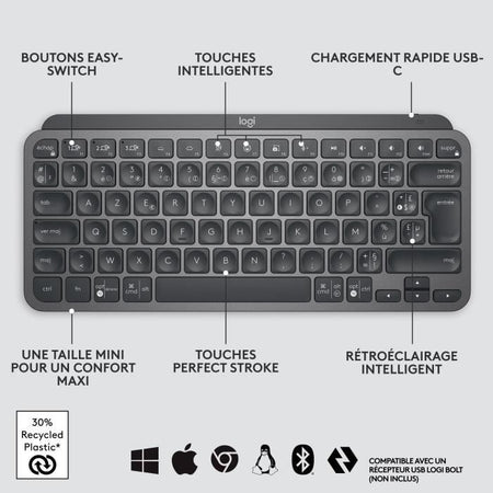 Logitech Wireless Keyboard - MX Keys Mini - GRAFITE - Compatta, Bluetooth, retroilluminata per MAC, iOS, Windows, Linux, Android