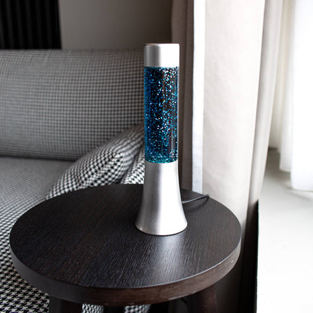 FISURA Lampada lava glitter da 30 cm con base argento e liquido blu