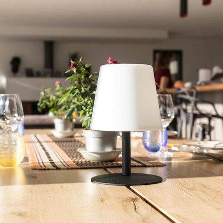 Lampada da tavolo senza fili - LUMISKY - STANDY MINI Dark - H25 cm - Base in acciaio nero - Bianco caldo e LED bianco