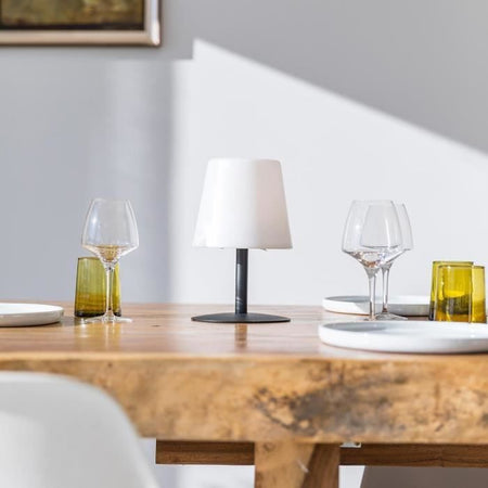 Lampada da tavolo senza fili - LUMISKY - STANDY MINI Dark - H25 cm - Base in acciaio nero - Bianco caldo e LED bianco
