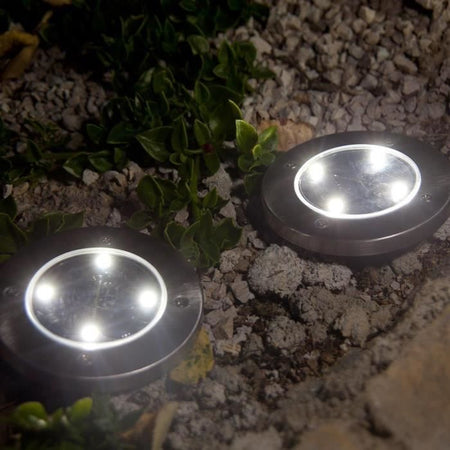 Juego de 8 focos solares redondos de acero inoxidable para empotrar o insertar - LUMISKY - DECKY - LED blanco frío - 12 cm
