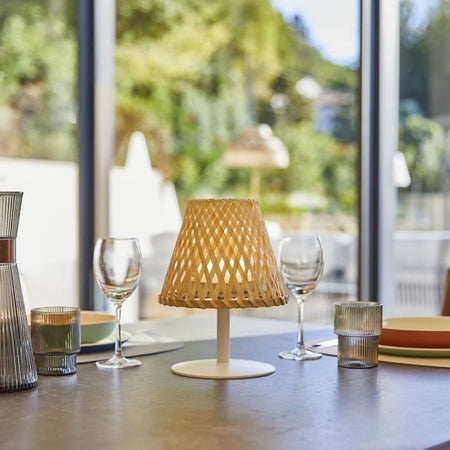 Lampada da tavolo senza fili - LUMISKY - IBIZA - H26 cm - Bambù naturale - Bianco caldo e LED bianco