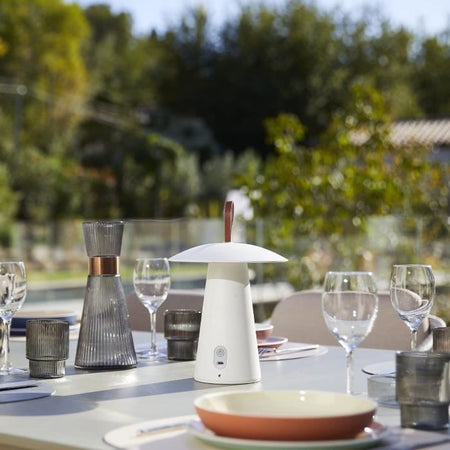 Lampada da tavolo senza fili - LUMISKY - FUNGY - H29 cm - Alluminio - Manico in pelle - LED bianco caldo