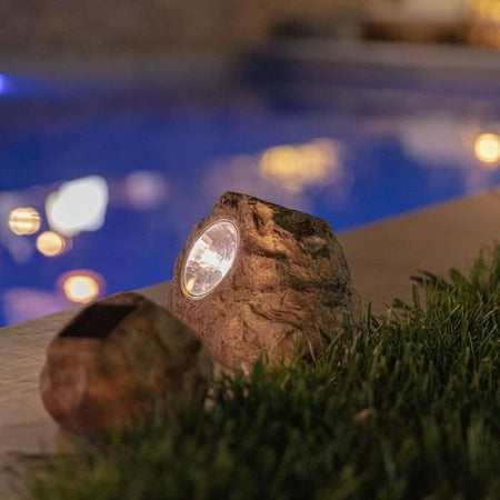 Set di 3 rocce solari da giardino da installare - LUMISKY - ROCKY BROWN - 14 e 9 cm - Marcatura - LED bianco