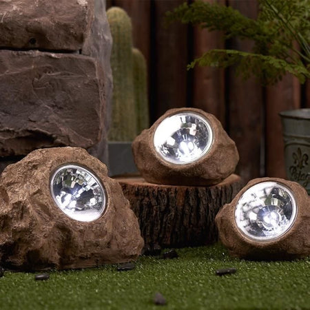 Set di 3 rocce solari da giardino da installare - LUMISKY - ROCKY BROWN - 14 e 9 cm - Marcatura - LED bianco