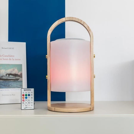 Lampada speaker bluetooth senza fili - LUMISKY - WOODY PLAY - H37 cm - Manico in legno - LED bianco e multicolor dimmerabile